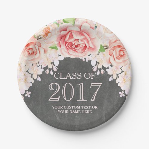 Chalkboard Pink Watercolor Flowers Graduation 2017 Paper Plates