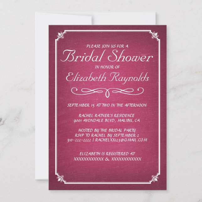 Chalkboard Pink & White Bridal Shower Invitations (Front)