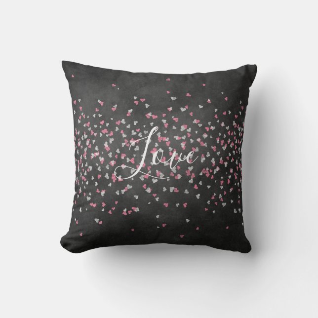 Chalkboard Pink White Hearts Love Throw Pillow (Front)