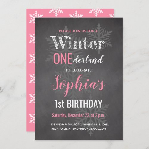 Chalkboard Pink Winter Onederland 1st Birthday Invitation