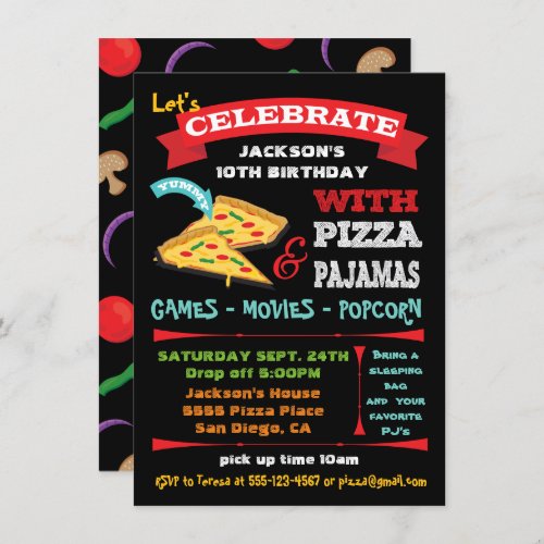 Chalkboard Pizza  Pajamas Birthday Party Invitation