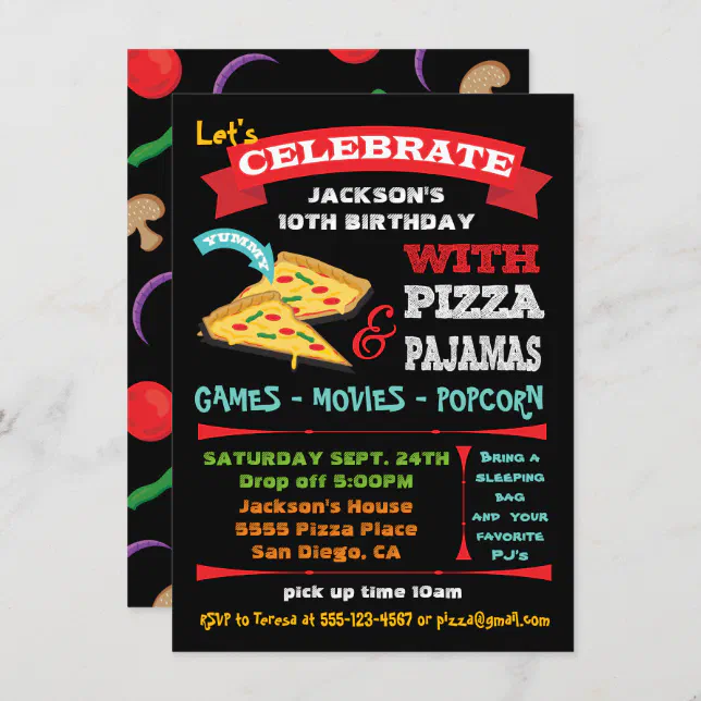 Chalkboard Pizza & Pajamas Birthday Party Invitation | Zazzle