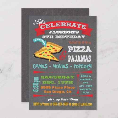 Chalkboard Pizza  Pajamas Birthday Party Invitation