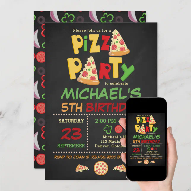 Chalkboard Pizza Party Birthday Invitation | Zazzle