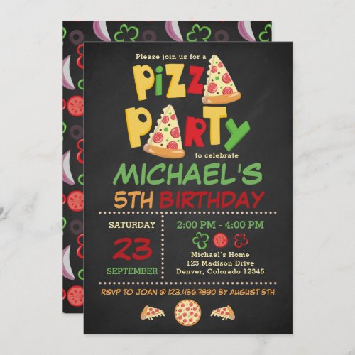 Chalkboard Pizza Party Birthday Invitation