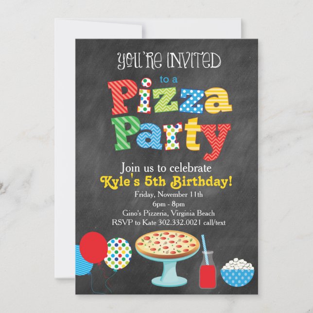 Chalkboard Pizza Party Invitation (Primary Colors) (Front)