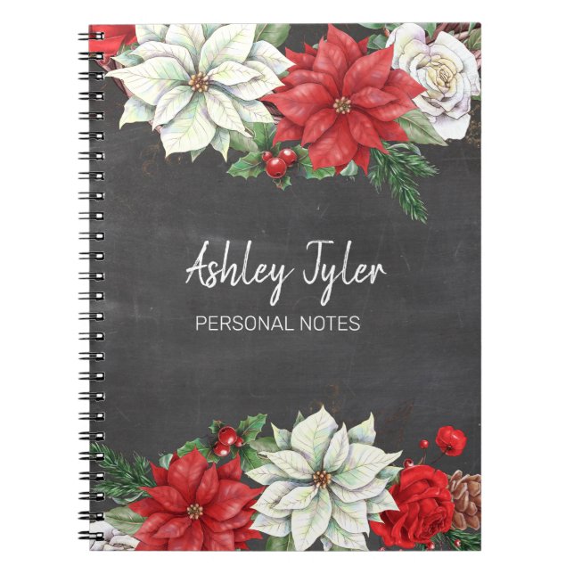 chalkboard poinsettias holly girly personalized notebook (Front)