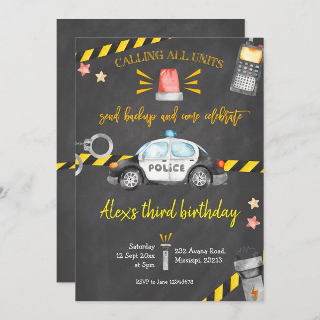 Chalkboard Police Birthday Party Invitation (Front/Back)