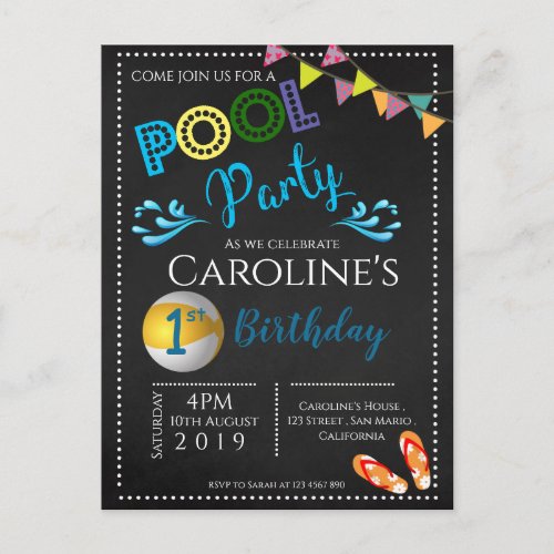 Chalkboard Pool Party 1st Birthday Invitation Postcard