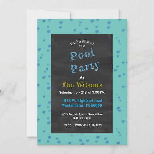Chalkboard pool party with seahorses  invitation