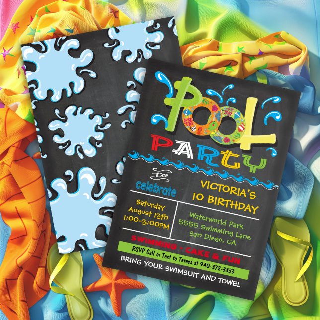 Chalkboard Pool Party with water splashes Invitation