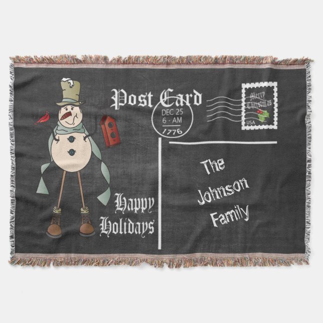 Chalkboard Postcard Blue Old Fashion Snowman Throw Blanket (Front)