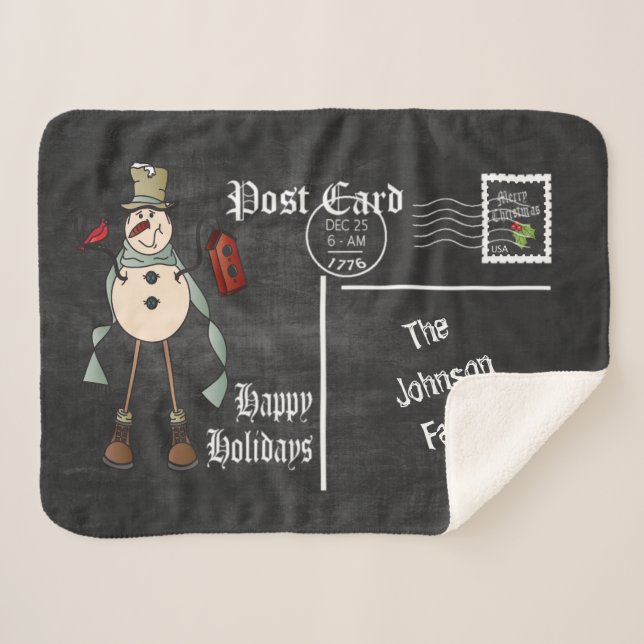 Chalkboard Postcard Old Fashion Blue Snowman Sherpa Blanket (Front (Horizontal))