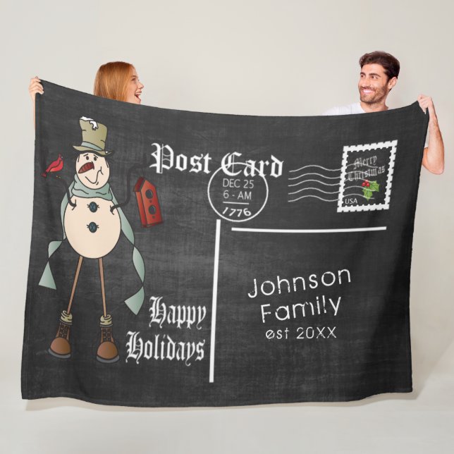 Chalkboard Postcard with a Rustic Blue Snowman Fleece Blanket (In Situ)