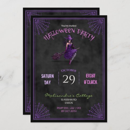 Chalkboard  Pretty Witch on Broom Halloween Invitation