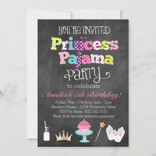 Chalkboard Princess Pajama Party Invitation (Front)
