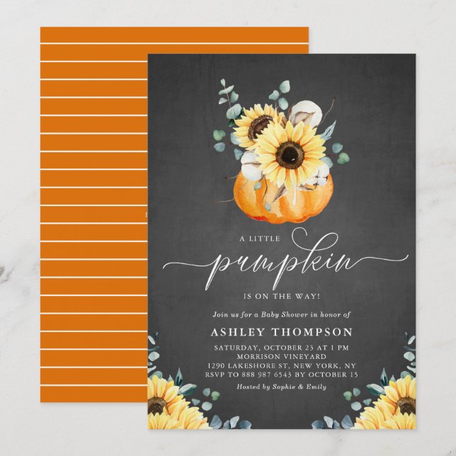 Chalkboard Pumpkin and Sunflower Fall Baby Shower Invitation (Front/Back)