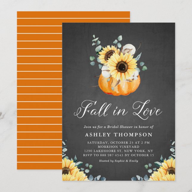 Chalkboard Pumpkin and Sunflowers Bridal Shower Invitation (Front/Back)