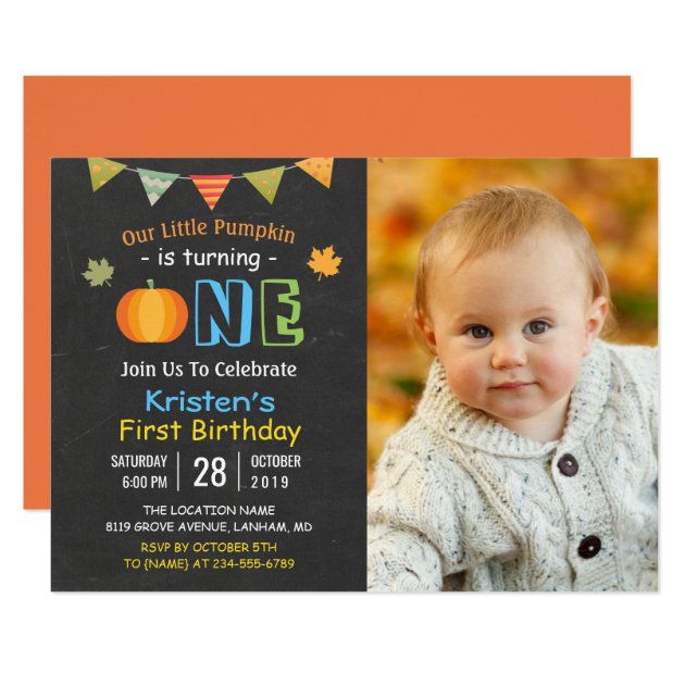 Chalkboard Pumpkin Baby First Birthday Photo Card