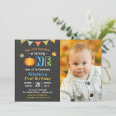 Chalkboard Pumpkin Baby First Birthday Photo Invitation (Standing Front)