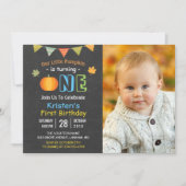 Chalkboard Pumpkin Baby First Birthday Photo Invitation (Front)