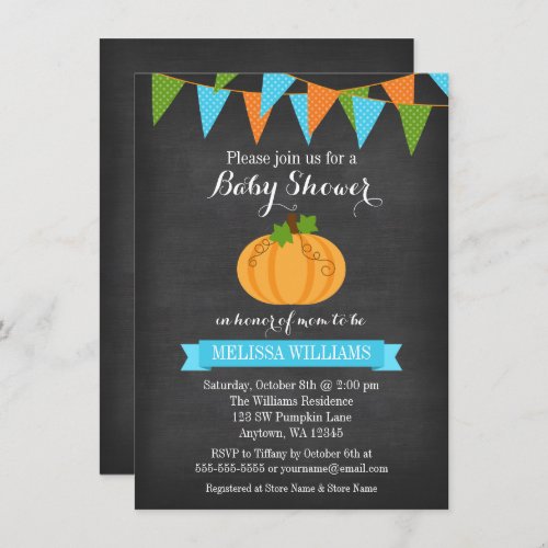 Chalkboard Pumpkin Bunting Boy Fall Baby Shower Invitation