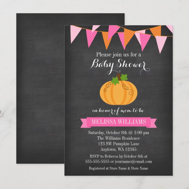 Chalkboard Pumpkin Bunting Girl Fall Baby Shower Invitation (Front/Back)