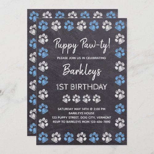 Chalkboard Puppy Pawty Blue Dog Birthday Invitation