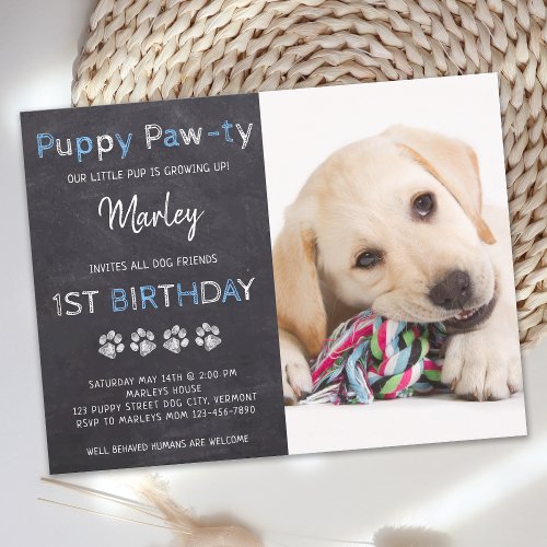 Chalkboard Puppy Pawty Blue Dog Birthday Party Postcard