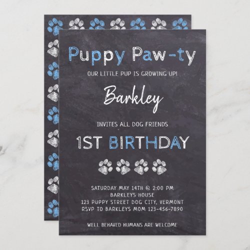 Chalkboard Puppy Pawty Dog Birthday Invitation