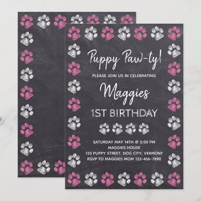 Chalkboard Puppy Pawty Dog Birthday Invitation (Front/Back)
