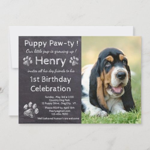 Chalkboard Puppy Pawty _ Pet Photo Birthday Party Invitation