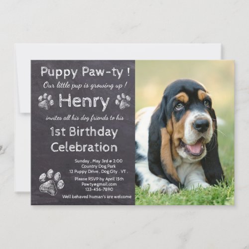 Chalkboard Puppy Pawty - Pet Photo Birthday Party Invitation - Puppy Paw-ty ! Celebrate your new best friend with this simple rustic slate chalkboard puppy birthday invitation card for girl and boy dogs and puppies.
Add your pup's favorite photo and personalize with puppy birthday details !  
Whether a new puppy or an adopted rescue dog , this simple rustic chalkboard design is perfect for all the little boy and girl dogs .
Chalkboard Puppy Pawty - Pet Photo Birthday Party Invitation  .