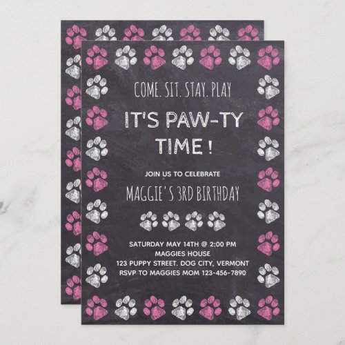 Chalkboard Puppy Pawty Pink Dog Birthday Invitation