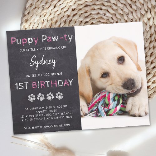 Chalkboard Puppy Pawty Pink Dog Birthday Party Postcard