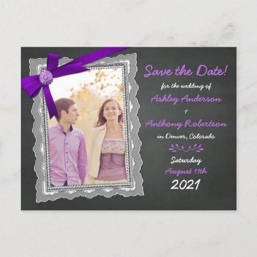 Chalkboard Purple Bow Photo Wedding Save the Date Announcement Postcard
