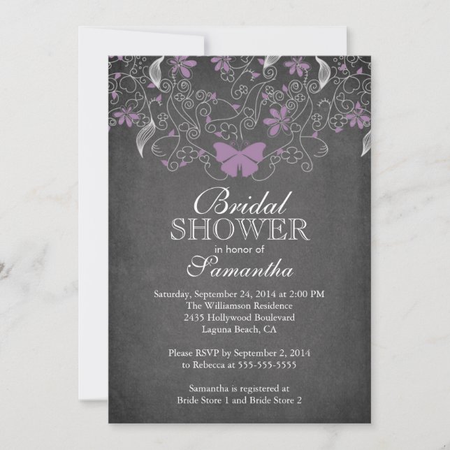 Chalkboard Purple Butterfly Floral Bridal Shower Invitation (Front)