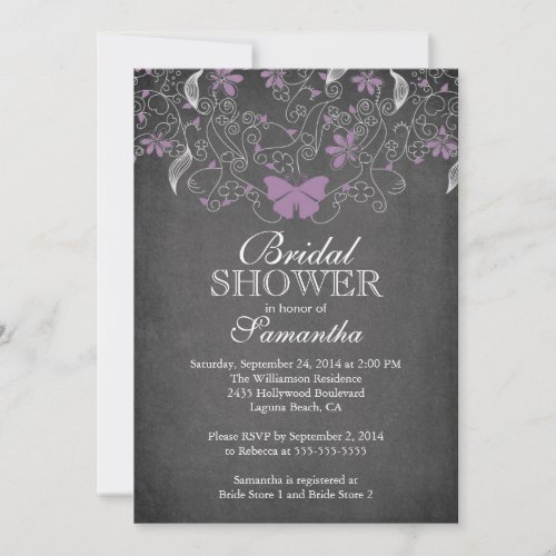 Chalkboard Purple Butterfly Floral Bridal Shower Invites
