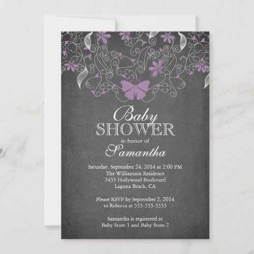 Chalkboard  Purple Butterfly Girl Baby Shower Personalized Invitations