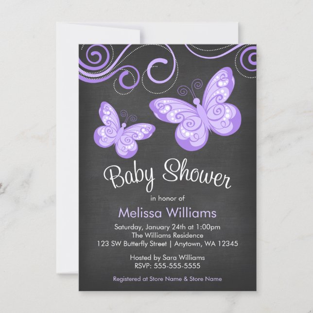 Chalkboard Purple Butterfly Swirls Baby Shower Invitation (Front)