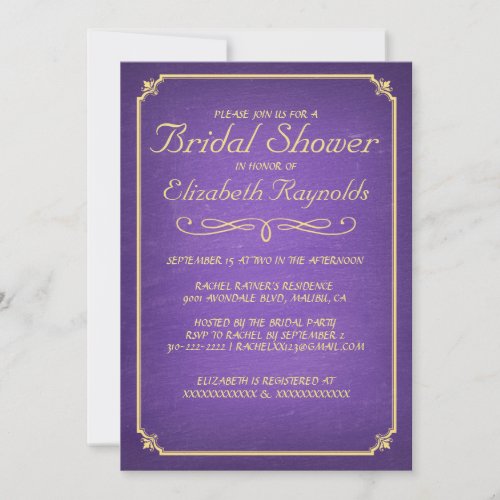 Chalkboard Purple &amp; Gold Bridal Shower Invitations