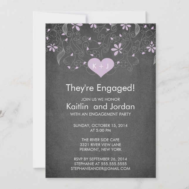 Chalkboard Purple Heart Flower Engagement Party Invitation (Front)