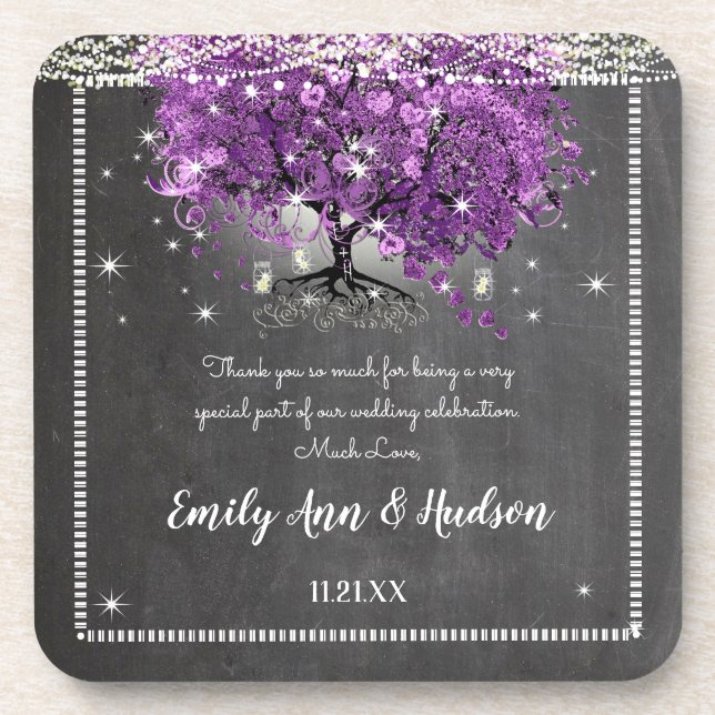 Chalkboard Purple Heart Leaf Tree Wedding Coaster (Front)
