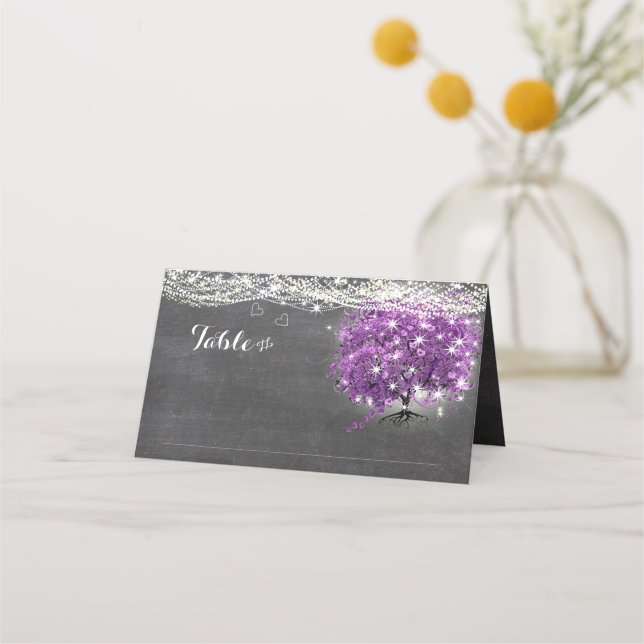 Chalkboard Purple Heart Leaf Tree Wedding Place Card (Front)