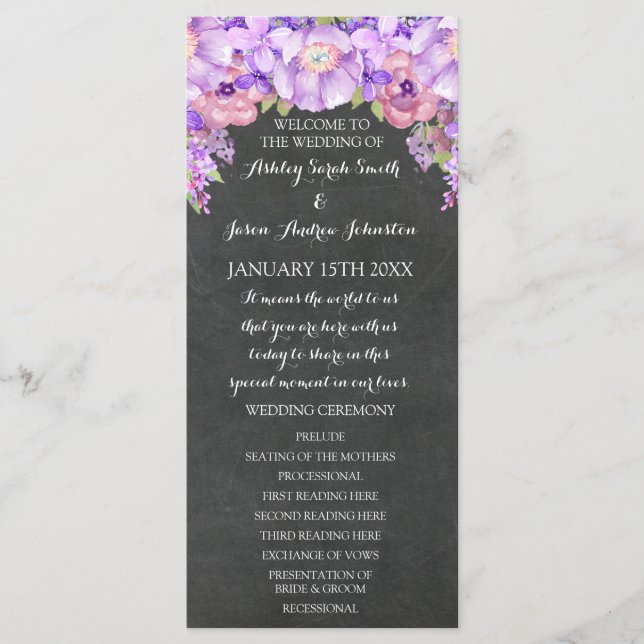 Chalkboard Purple Lavender Floral Wedding Program (Front)