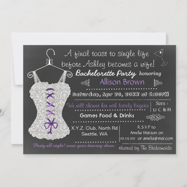 Chalkboard purple Lingerie Shower Bachelorette Invitation (Front)