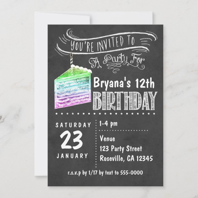 Chalkboard Rainbow Cake Slice Birthday Invitations (Front)