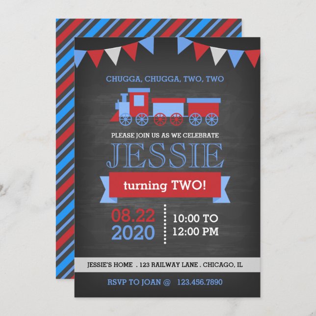 Chalkboard Red and Blue Train Birthday Invitation (Front/Back)