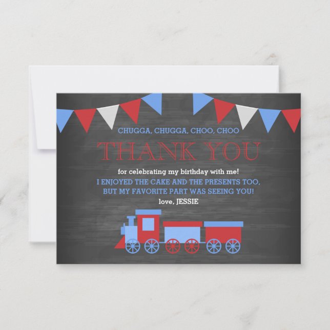 Chalkboard Red and Blue Train Birthday Thank You (Front)