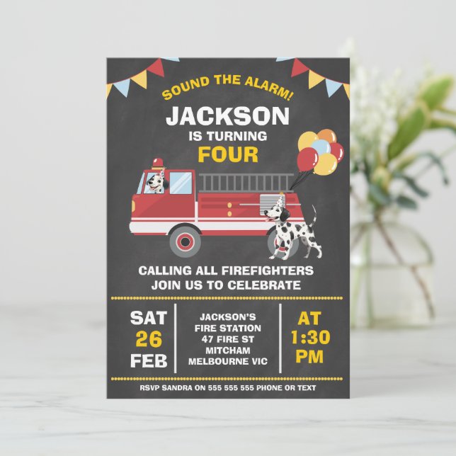 Chalkboard Red Firefighter Fire-Engine Birthday Invitation (Standing Front)